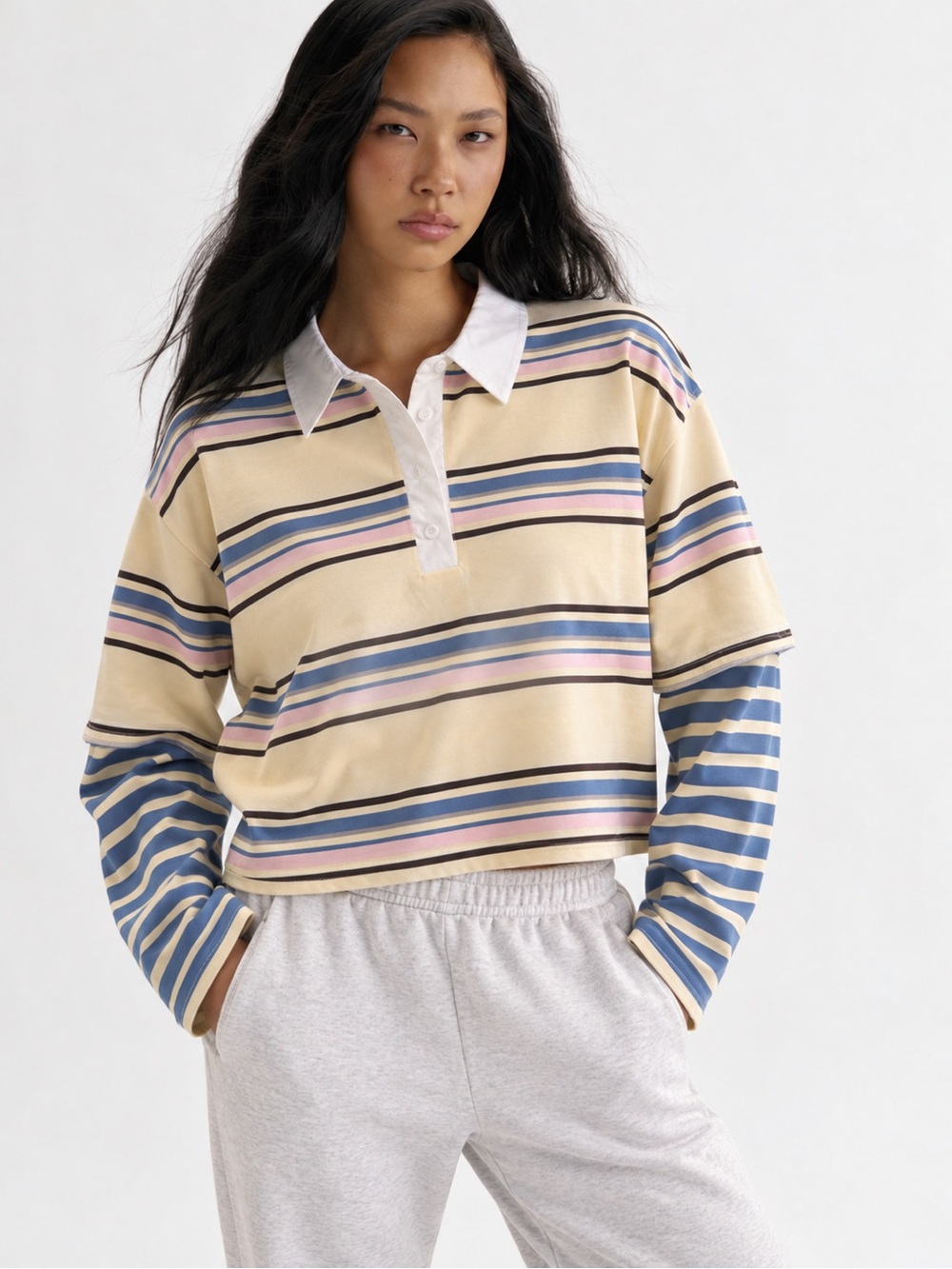 Aqua and Yellow NWT Double Layer Boxy Cropped Rugby Polo Stripe Tee